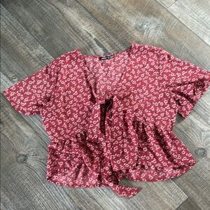 SHEIN Red Flutter Sleeve Peplum Blouse with Tie Front